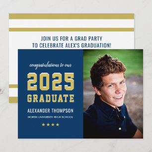 2024 Graduate Navy Gold Graduation Party Photo Invitation