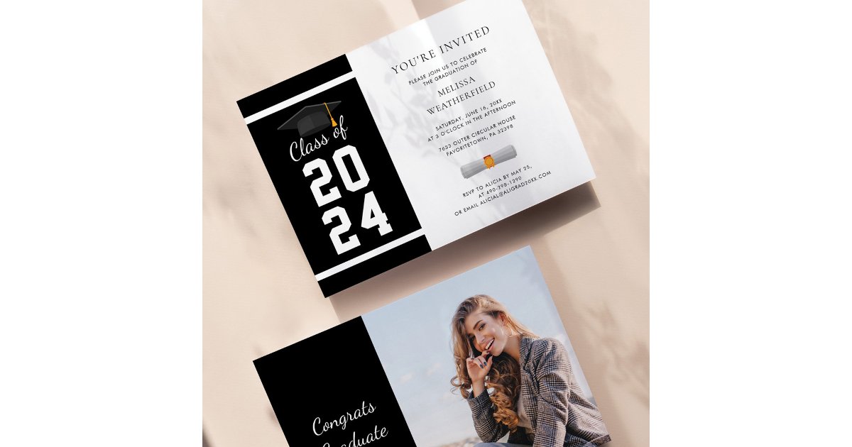 2024 Graduate Photo Black White Graduation Party Invitation | Zazzle