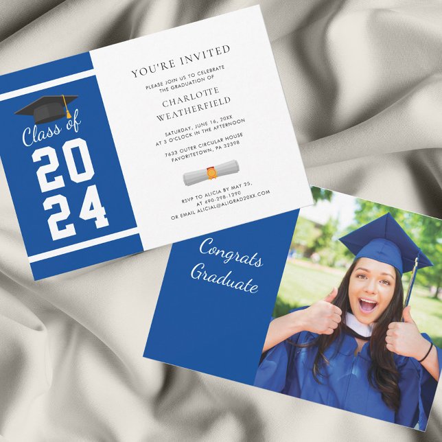 2024 Graduate Photo Blue Graduation Party Invitation (Grad Photo Royal Blue Graduation Party Invitation)