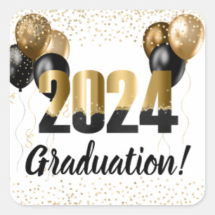 2024 Graduation Black and Gold Balloons on White Square Sticker