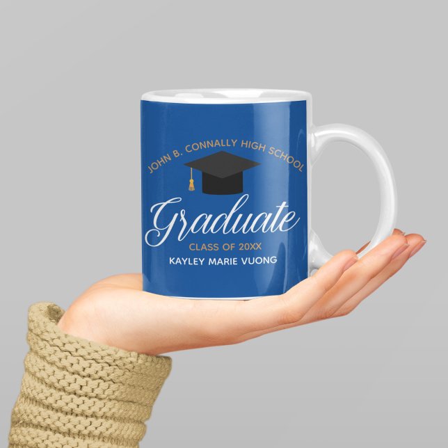 2024 Graduation Blue Gold Custom High School Name Coffee Mug (Creator Uploaded)