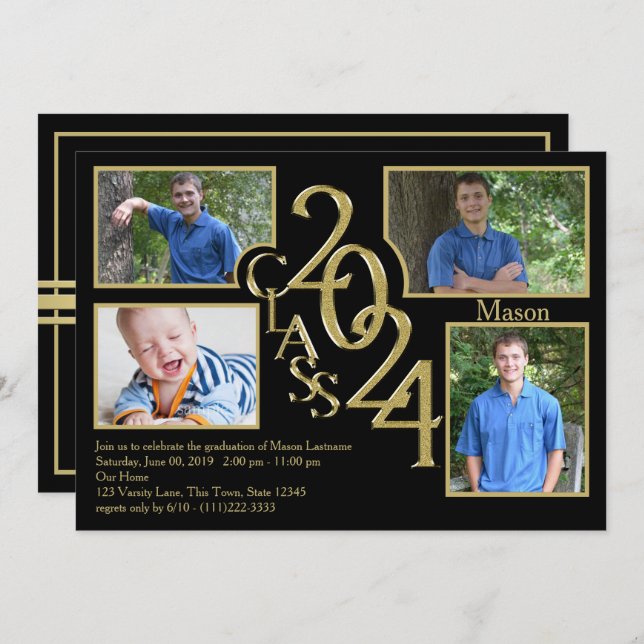 2024 Graduation Class of Quad Photo Black Invitation (Front/Back)