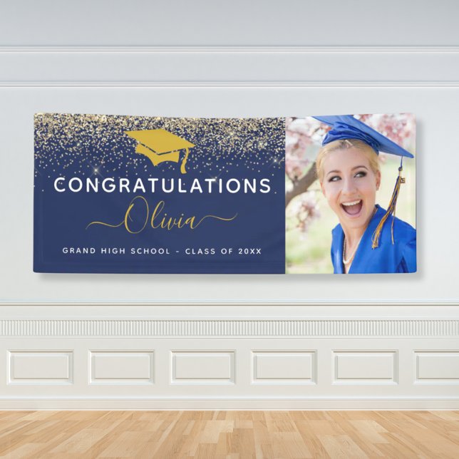 2024 Graduation Glitter Navy Blue Gold Banner (Creator Uploaded)