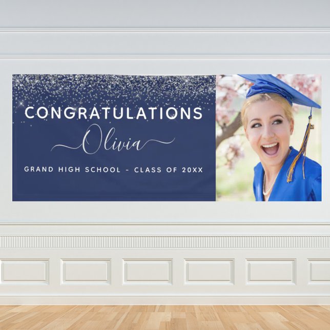 2024 Graduation Glitter Navy Blue Silver Modern Banner (Creator Uploaded)