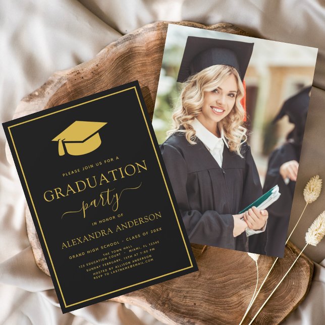 2024 Graduation Party Black Gold Photo Picture Inv Invitation (Creator Uploaded)