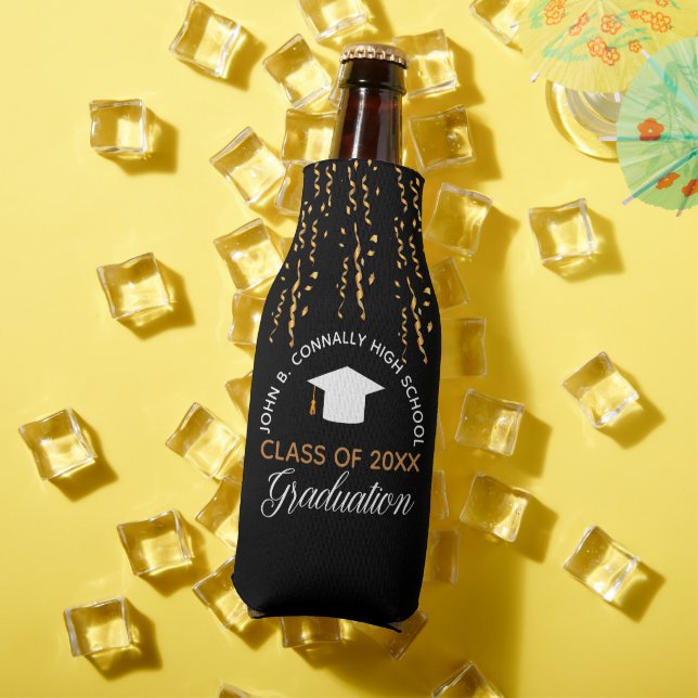 2024 Graduation Party Black Gold Streamers Custom Bottle Cooler (In Situ Summer)