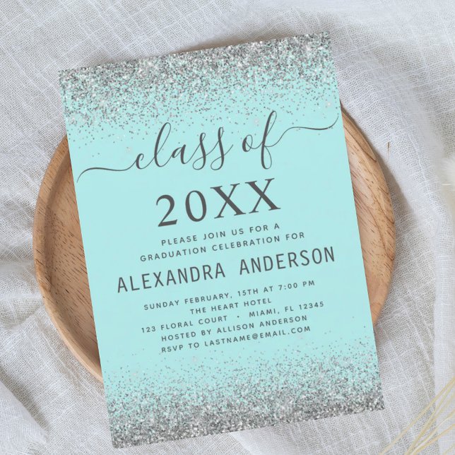 2024 Graduation Party Teal Aqua Blue Silver Invitation (Creator Uploaded)