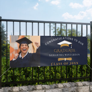2024 Graduation Photo Navy Blue Gold Grad Banner