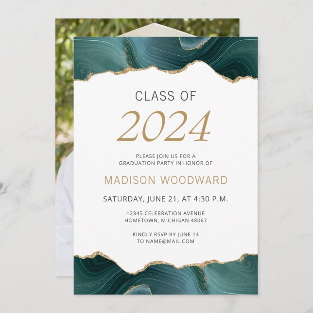 2024 Graduation Photo Teal Gold Agate Invitation (Front/Back)