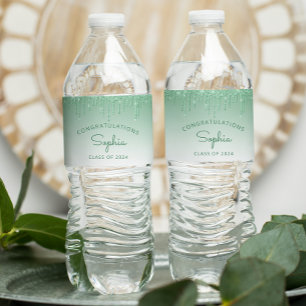 2024 Green Glitter Drip Graduation Party Water Bottle Label