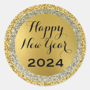2024 happy new year,gold metallic sparkles classic round sticker