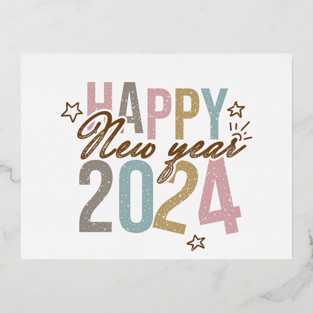 2024 Happy New Year in retro colours Foil Holiday Postcard (Front)