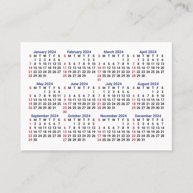 2024 Mini Calendar SUNDAY Start San Serif Font Business Card (Back)