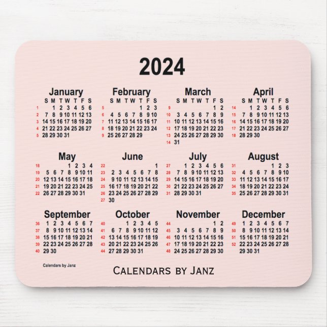 2024 Misty Rose 52 Weeks Calendar by Janz Mouse Pad (Front)