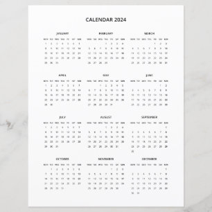 2024 Modern Minimalist Printable Calendar in Black