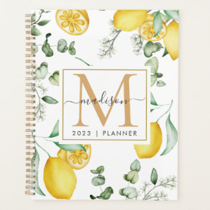 2024 Monogram Watercolor Lemons Leaf Pattern Planner