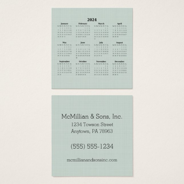 2024 Monthly Calendar Green Linen Custom Business  (Front & Back)