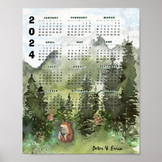 2024 Monthly Calendar Watercolor Forest Poster