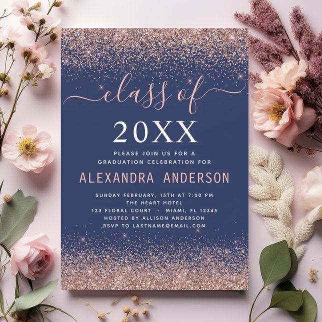2024 Navy Blue Graduation Pink Rose Gold Glitter Invitation (Creator Uploaded)