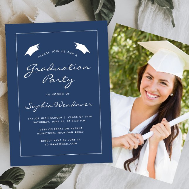 2024 Navy Blue White Border Graduation Party Invitation (Creator Uploaded)