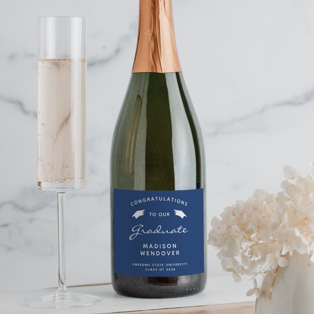 2024 Navy Blue White Script Cap Graduation Sparkling Wine Label (Creator Uploaded)