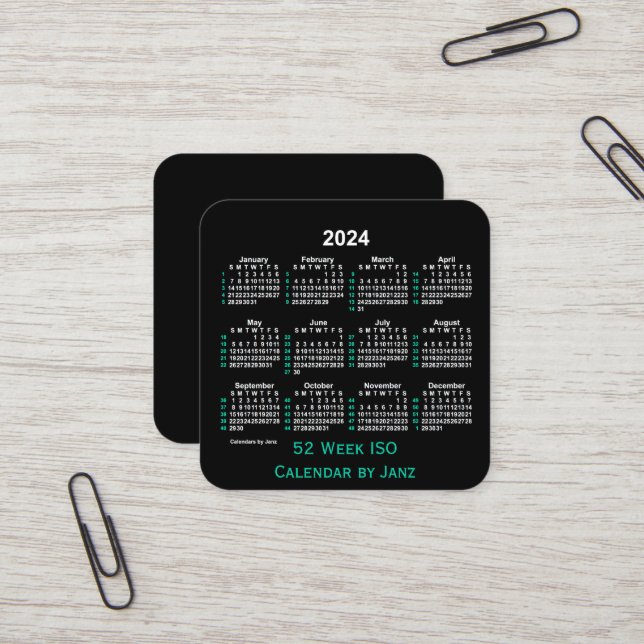 2024 Neon 52 Week ISO Calendar by Janz Square Business Card (Front/Back In Situ)