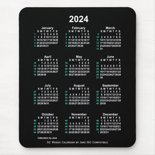 2024 Neon White 52 Weeks ISO Calendar by Janz Mouse Pad