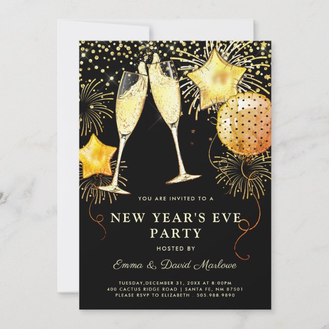 2024 New Year's Eve Party Gold Glitter On Black  Invitation (Front)