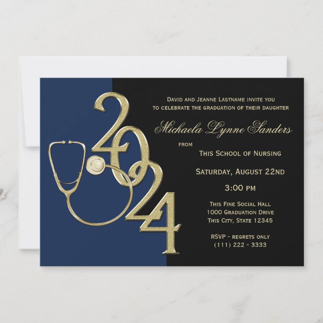 2024 Nursing Medical Field Graduation Blue Gold Invitation (Front)