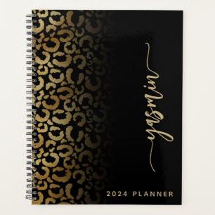 2024 Personalised Black Gold Leopard Spots Planner