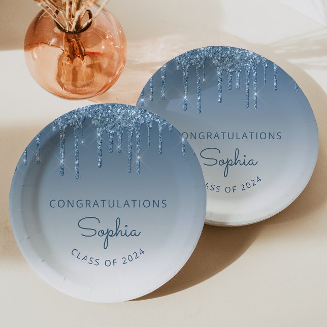 2024 Personalised Blue Glitter Drip Graduation Paper Plate (Creator Uploaded)