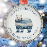 2024 Personalised Blue Polar Bear Merry Christmas Metal Ornament<br><div class="desc">This holiday ornament features a cute watercolor polar bear in a blue and white striped sweater. The words "Merry Christmas" appear in blue serif font,  with your family's name and the year below.</div>