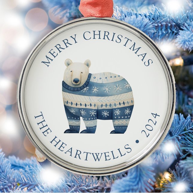2024 Personalised Blue Polar Bear Merry Christmas Metal Ornament (Creator Uploaded)