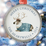2024 Personalised Blue Reindeer Merry Christmas Metal Ornament<br><div class="desc">This holiday ornament features a sweet watercolor reindeer in a blue and white sweater. The words "Merry Christmas" appear in blue serif font,  with your family's name and the year below.</div>