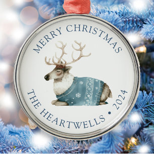2024 Personalised Blue Reindeer Merry Christmas Metal Ornament