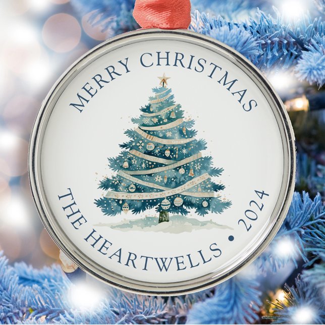 2024 Personalised Blue Watercolor Christmas Tree Metal Ornament (Creator Uploaded)
