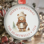 2024 Personalised Cute Bear Merry Christmas Metal Ornament<br><div class="desc">This holiday ornament features a cute brown  watercolor bear in cosy winter clothing. The words "Merry Christmas" appear in brick red serif font,  with your family's name and the year below.</div>