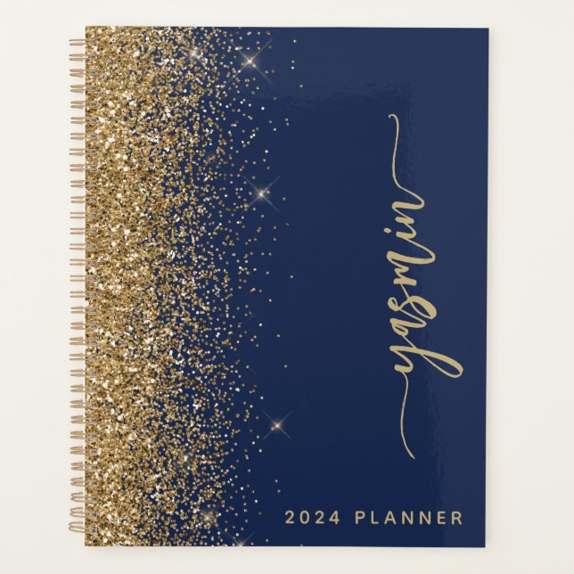 2024 Personalised Navy Blue Gold Glitter Planner (Front)