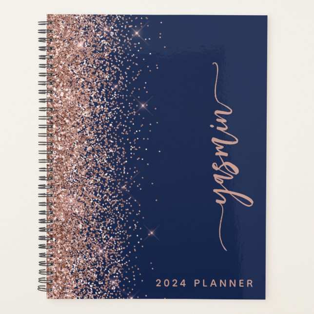 2024 Personalised Navy Blue Rose Gold Glitter Planner (Front)