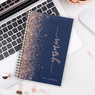 2024 Personalised Navy Blue Rose Gold Glitter Planner