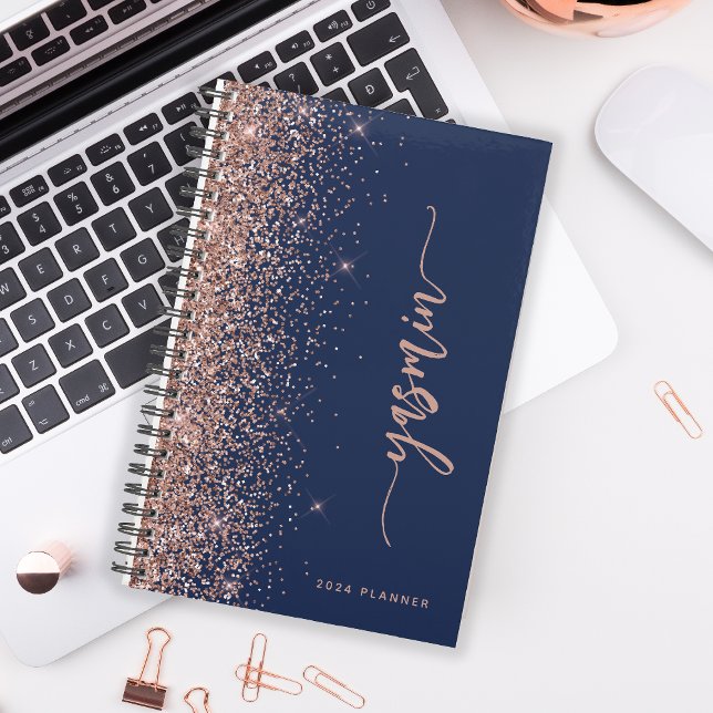 2024 Personalised Navy Blue Rose Gold Glitter Planner (Creator Uploaded)