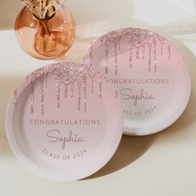 2024 Personalised Pink Glitter Drip Graduation Paper Plate (Creator Uploaded)