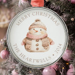 2024 Personalised Pink Snowman Merry Christmas Metal Ornament<br><div class="desc">This cute holiday ornament features a pink and beige watercolor snowman in a cosy knitted scarf and hat. The words "Merry Christmas" appear in beige serif font,  with your family's name and the year below.</div>