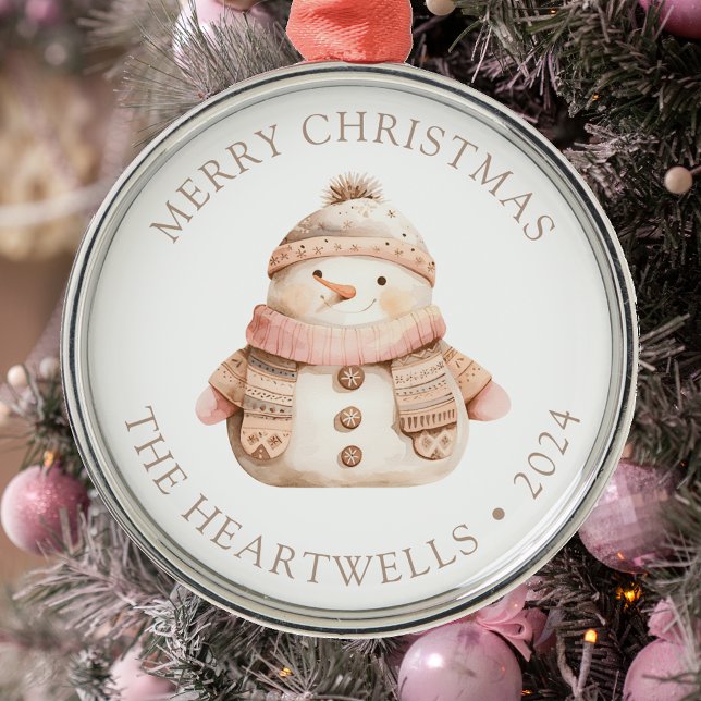 2024 Personalised Pink Snowman Merry Christmas Metal Ornament (Creator Uploaded)