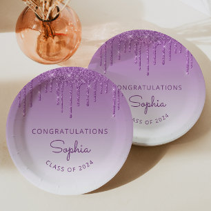 2024 Personalised Purple Glitter Drip Graduation Paper Plate