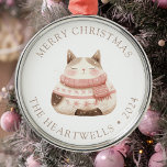2024 Personalised Watercolor Cat Merry Christmas Metal Ornament<br><div class="desc">This cute holiday ornament features an adorable pink and beige watercolor cat in a cosy pink scarf. The words "Merry Christmas" appear in beige serif font,  with your family's name and the year below.</div>