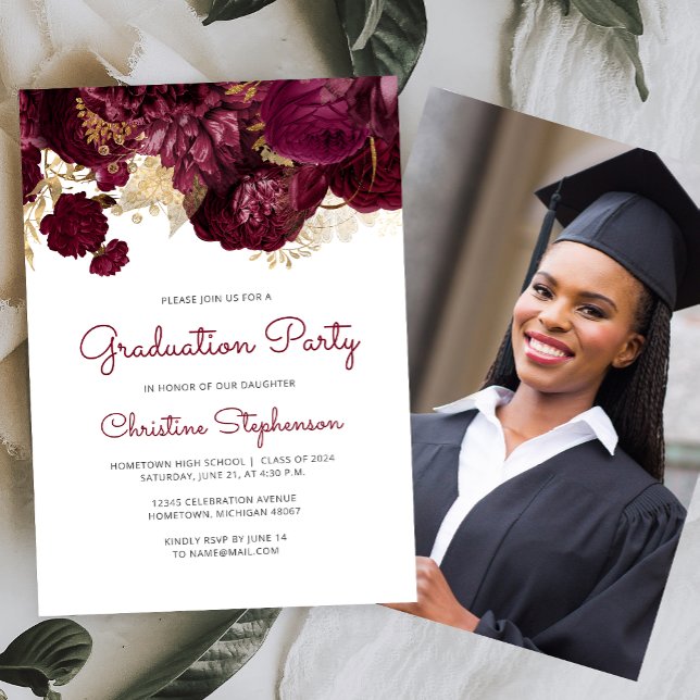 2024 Photo Burgundy Floral Graduation Party Invitation (Creator Uploaded)