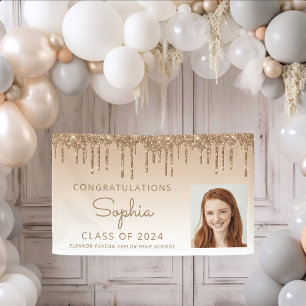 2024 Photo Gold Glitter Drip Graduation Banner