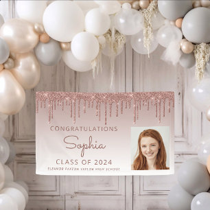 2024 Photo Rose Gold Glitter Drip Graduation Banner