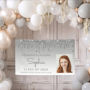 2024 Photo Silver Glitter Drip Graduation Banner